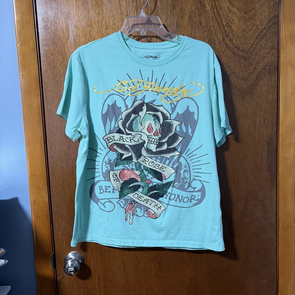 Ed Hardy Black Rose Of Death T-shirt Large Bling Skull Mint EHM1100-140RS